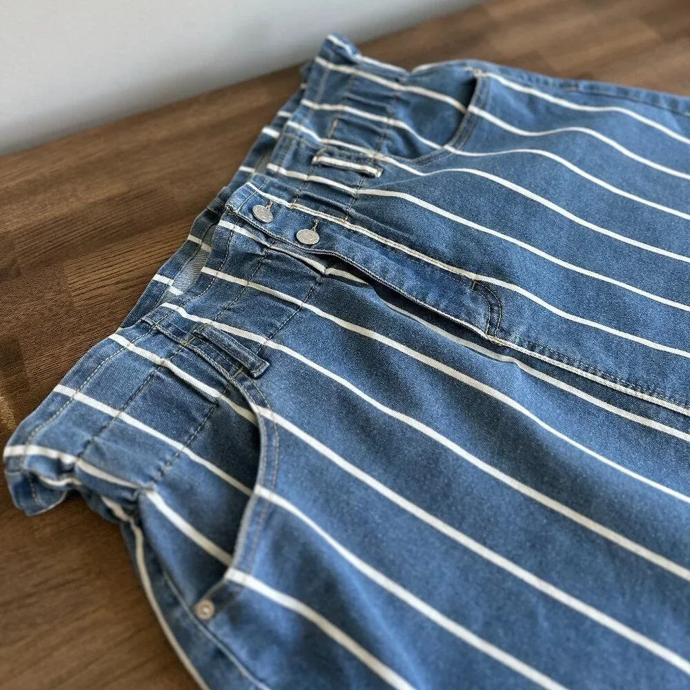Paperbag Waist Stretch Denim Mini Skirt Womens Large Stripe Downtown Girl Casual